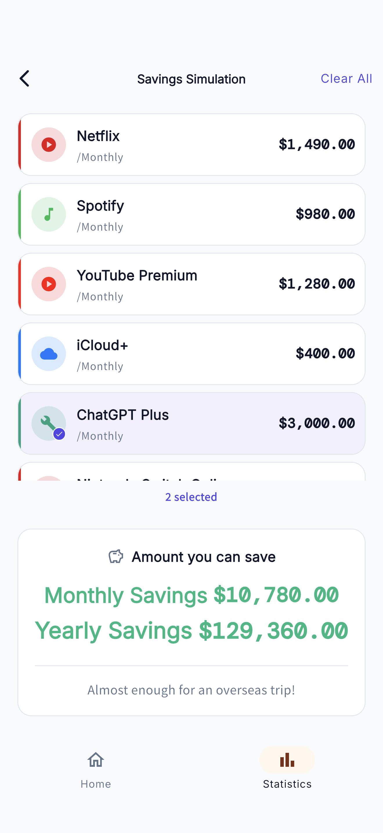 Savings simulation screen