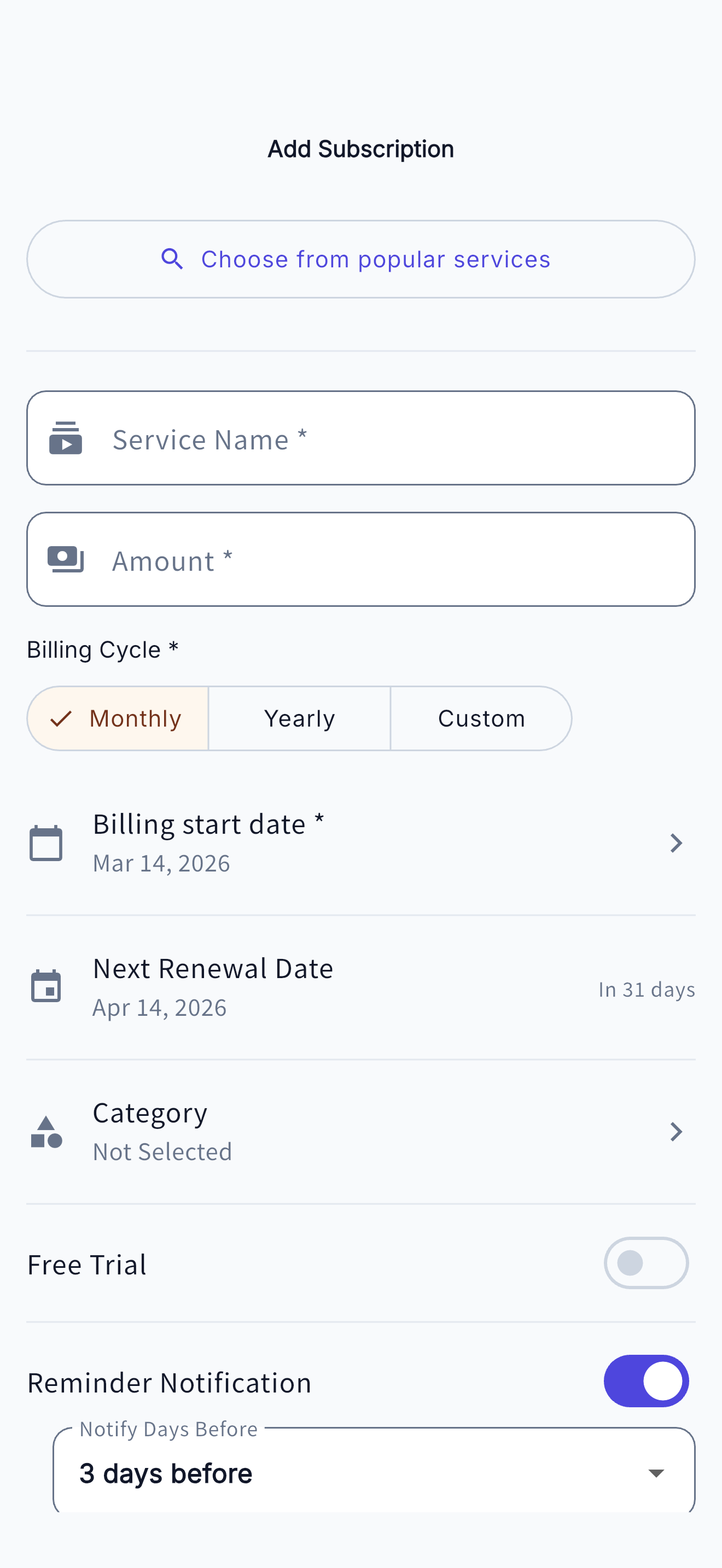 Add subscription screen